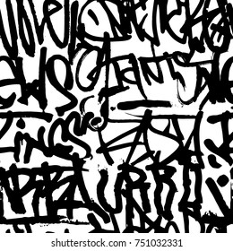 Vector graffiti seamless pattern with abstract tags, letters without meaning. Fashion hand drawing texture, street art retro style, old school design for t-shirt, textile, wrapping paper, black white