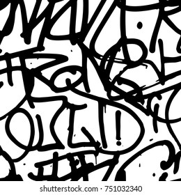 Vector graffiti seamless pattern with abstract tags, letters without meaning. Fashion hand drawing texture, street art retro style, old school design for t-shirt, textile, wrapping paper, black white