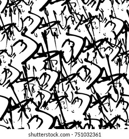 Vector graffiti seamless pattern with abstract tags, letters without meaning. Fashion hand drawing texture, street art retro style, old school design for t-shirt, textile, wrapping paper, black white