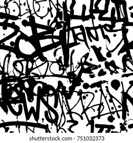 Vector graffiti seamless pattern with abstract tags, letters without meaning. Fashion hand drawing texture, street art retro style, old school design for t-shirt, textile, wrapping paper, black white