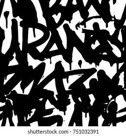 Vector graffiti seamless pattern with abstract tags, letters without meaning. Fashion hand drawing texture, street art retro style, old school design for t-shirt, textile, wrapping paper, black white