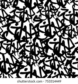 Vector graffiti seamless pattern with abstract tags, letters without meaning. Fashion hand drawing texture, street art retro style, old school design for t-shirt, textile, wrapping paper, black white