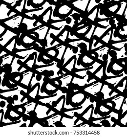 Vector graffiti seamless pattern with abstract tags, letters without meaning. Fashion hand drawing texture, street art retro style, old school design for t-shirt, textile, wrapping paper, black white
