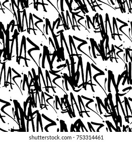 Vector graffiti seamless pattern with abstract tags, letters without meaning. Fashion hand drawing texture, street art retro style, old school design for t-shirt, textile, wrapping paper, black white