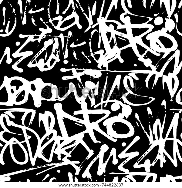 Vector graffiti seamless pattern with abstract\
tags, letters without meaning. Fashion hand drawing texture, street\
art retro style, old school design for t-shirt, textile, wrapping\
paper, black white