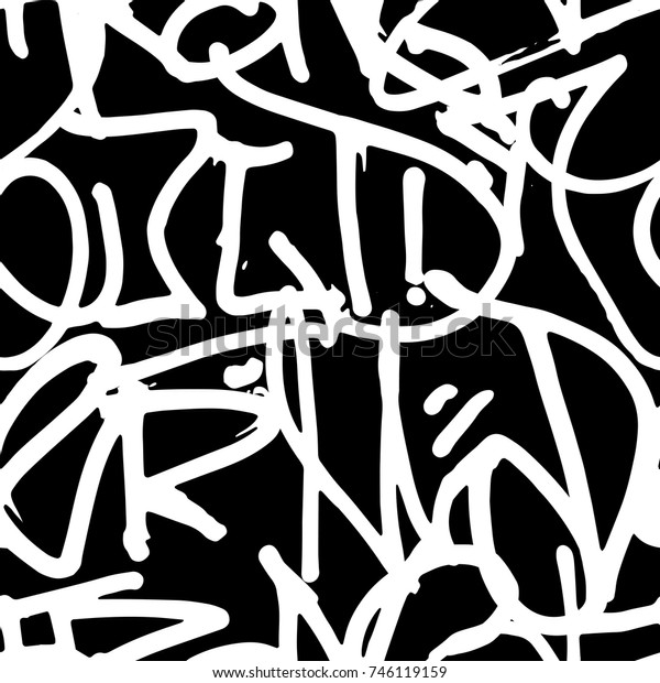 Vector graffiti seamless pattern with abstract\
tags, letters without meaning. Fashion hand drawing texture, street\
art retro style, old school design for t-shirt, textile, wrapping\
paper, black white