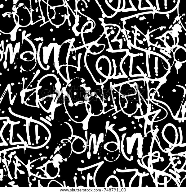 Vector graffiti seamless pattern with abstract
tags, letters without meaning. Fashion hand drawing texture, street
art retro style, old school design for t-shirt, textile, wrapping
paper, black white