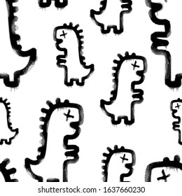 Vector graffiti seamless pattern with dinosaurs. Fashion hand drawing texture, street art retro style, old school design for t-shirt, textile, wrapping paper, black white