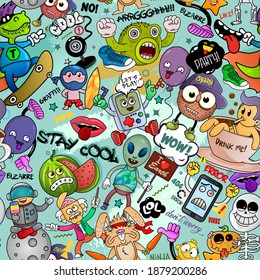 Vector graffiti seamless texture with bizarre elements and characters and other shiny creative elements. Print fabric vector pattern with pop art patches for print, party, children's room.