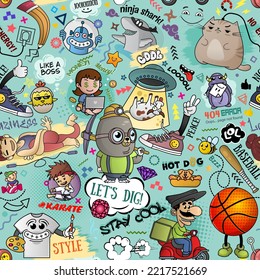 Vector graffiti seamless texture with bizarre elements and characters and other shiny creative elements. Print fabric vector pattern with pop art patches for print, party, children's room.