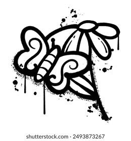 Vector graffiti spray mariposa en flor aislado sobre fondo blanco