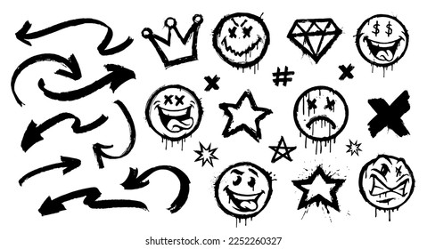 Vector graffiti spray patterns set such us smiles, arrows, crown, stars on a white background.