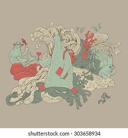Vector graffiti style illustration of a monster polar bear on the ocean waves, Characters uniting to chaotic.