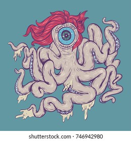 Vector graffiti style illustration of a octopus monster, Characters uniting to chaotic.