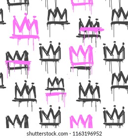 Vector graffiti style Pink and black crown tags seamless pattern. Hand drawing spray paint design on white background for print fabric, wrapping paper  and textile