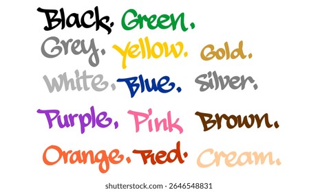 Vector graffiti tag artwork featuring various color words like black, white, red, and more. Handwritten in colorful style on a transparent background.