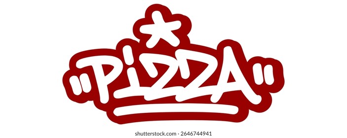 Vector graffiti tag illustration of the word "pizza" in bold white with red line accents. Hand-drawn street art lettering on transparent background. Cheesy, bold, and urban food-themed graffiti.