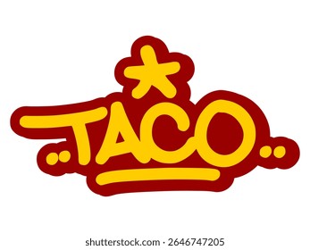 Vector graffiti tag illustration of the word "taco" in bold yellow with red line accents. Hand-drawn street art lettering on transparent background. Zesty, bold, and food-themed urban graffiti express