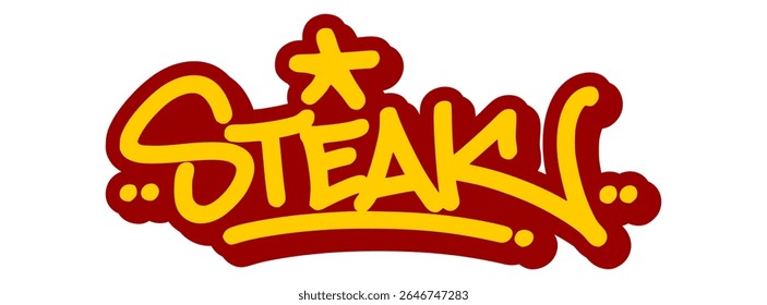 Vector graffiti tag illustration of the word "steak" in bold yellow with red line accents. Hand-drawn street art lettering on transparent background. Juicy, bold, and food-themed urban graffiti design