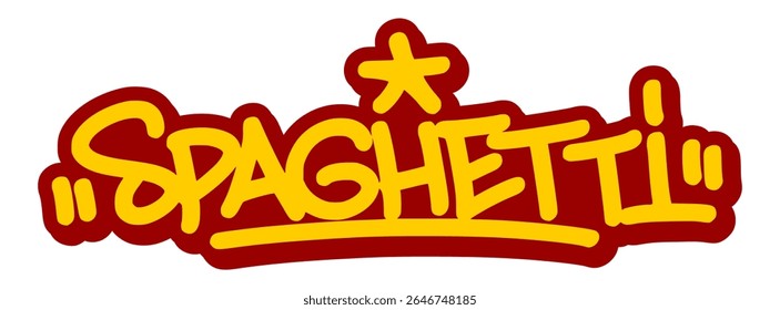 Vector graffiti tag illustration of the word "spaghetti" in bold yellow with red line accents. Hand-drawn street art lettering on transparent background. Saucy, bold, and food-inspired urban graffiti.