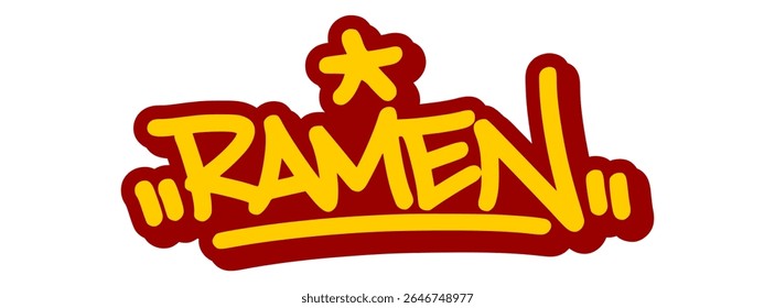 Vector graffiti tag illustration of the word "ramen" in bold yellow with red line accents. Hand-drawn street art lettering on transparent background. Steamy, bold, and urban food-themed graffiti.