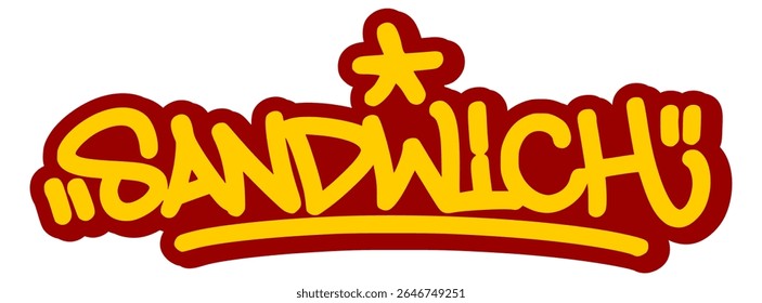 Vector graffiti tag illustration of the word "sandwich" in bold yellow with red line accents. Hand-drawn street art lettering on transparent background. Stacked, bold, and urban food-themed graffiti.