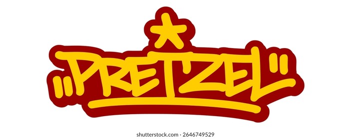 Vector graffiti tag illustration of the word "pretzel" in bold yellow with red line accents. Hand-drawn street art lettering on transparent background. Twisted, bold, and urban food-themed artwork.
