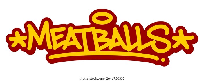 Vector graffiti tag illustration of the word "meatballs" in bold yellow with red line accents. Hand-drawn street art lettering on transparent background. Savory, bold, and urban food-themed graffiti.