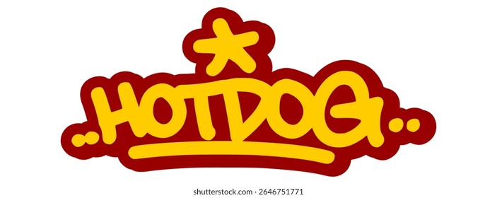 Vector graffiti tag illustration of the word "hotdog" in bold yellow with red line accents. Hand-drawn street art style on transparent background. Classic, bold, and urban food-themed lettering design