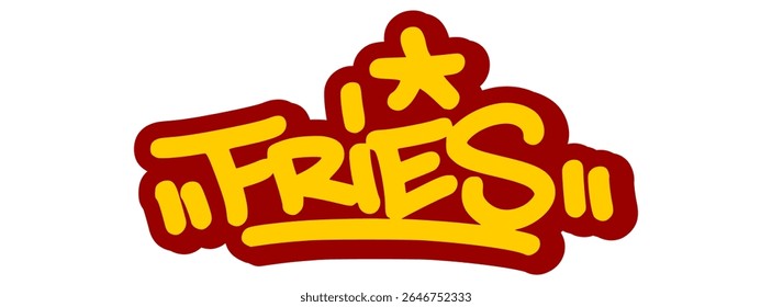 Vector graffiti tag illustration of the word "fries" in bold yellow with red line accents. Hand-drawn street art lettering on transparent background. Fun, bold, and urban food-themed vector design.
