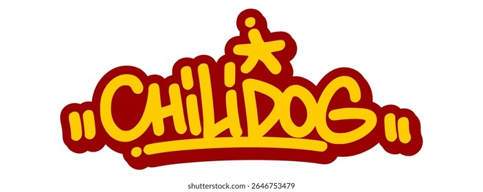 Vector graffiti tag illustration of the word "chilidog" in bold yellow with red line accents. Hand-drawn street art style on transparent background. Spicy, bold, and urban food-themed graffiti.
