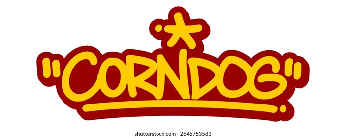 Vector graffiti tag illustration of the word "corndog" in bold yellow with red line accents. Hand-drawn street art lettering on transparent background. Fun, bold, and food-themed urban expression.
