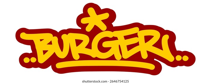 Vector graffiti tag illustration of the word "burger" in bold yellow with red line accents. Handwritten street art style on transparent background. Urban, energetic, and food-inspired design.
