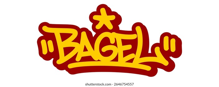 Vector graffiti tag illustration of the word "bagel" in bold yellow with red line details. Urban street art style on transparent background. Edgy, expressive, and food-themed lettering design.
