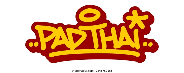 Vector graffiti tag illustration of the words "pad thai" in bold yellow with red line accents. Hand-drawn street art lettering on transparent background. Tasty, bold, and food-inspired urban style.
