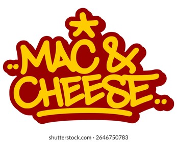 Graffiti vetor tag ilustração das palavras "mac e queijo" em negrito amarelo com acentos de linha vermelha. Letras de arte de rua desenhadas à mão sobre fundo transparente. Queijado, ousado e inspirado em comida urbana.