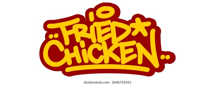 Vector graffiti tag illustration of the words "fried chicken" in bold yellow with red line accents. Hand-drawn street art lettering on transparent background. Crispy, bold, and urban food-themed.