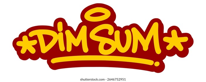 Vector graffiti tag illustration of the words "dim sum" in bold yellow with red line accents. Hand-drawn street art style on transparent background. Playful, cultural, and food-inspired.