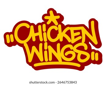 Vector graffiti tag illustration of the words "chicken wings" in bold yellow with red line accents. Hand-drawn street art lettering on transparent background. Flavorful, bold, and urban food-themed.