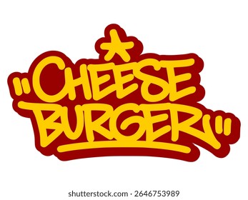 Vector graffiti tag illustration of the words "cheese burger" in bold yellow with red line accents. Hand-drawn street art style on transparent background. Playful, urban, and food-themed lettering.
