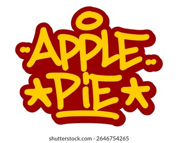 Ilustración de etiqueta de graffiti de Vector de las palabras "pastel de manzana" en amarillo negrita con acentos de línea roja. Estilo de arte urbano dibujado a mano con tema de comida sobre fondo transparente. Dulce, vibrante y expresivo.
