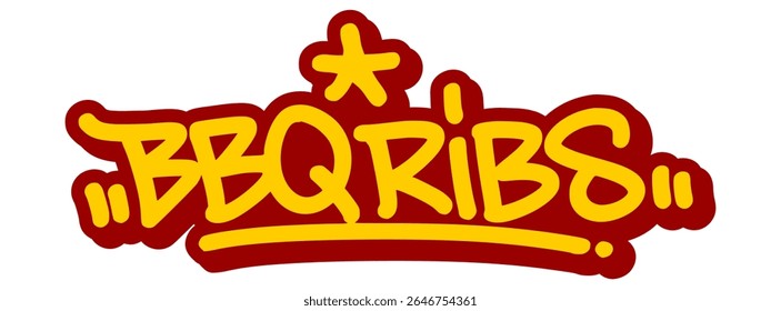 Vector graffiti tag illustration of the words "bbq ribs" in bold yellow with red line details. Hand-drawn street art style with food theme on transparent background. Grungy, expressive, and urban.
