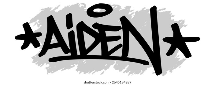 Grafite vetorial do nome "Aiden" em tinta preta com fundo cinzento borrifado na tela transparente. Estilo de arte de rua manuscrito com traços arrojados e expressivos.
