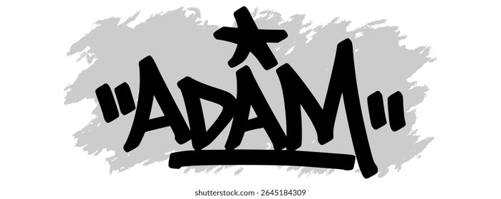 Etiqueta de graffiti de Vector del nombre “Adam” en tinta negra con fondo gris salpicado sobre lienzo transparente. Estilo de arte callejero escrito a mano con trazos audaces y expresivos.
