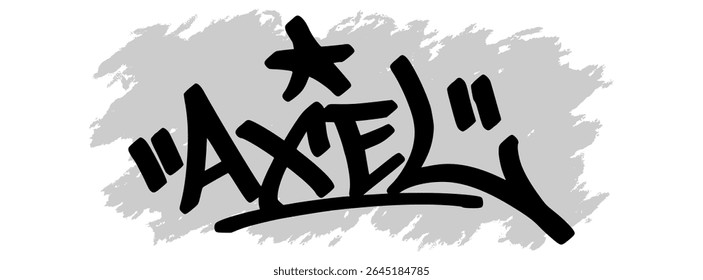Vector graffiti tag of the name “Axel” in black ink with gray splatter background on transparent canvas. Handwritten street art style with bold and expressive strokes.

