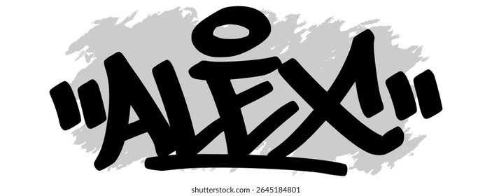 Vector graffiti tag of the name “Alex” in black ink with gray splatter background on transparent canvas. Handwritten street art style with bold and expressive strokes.
