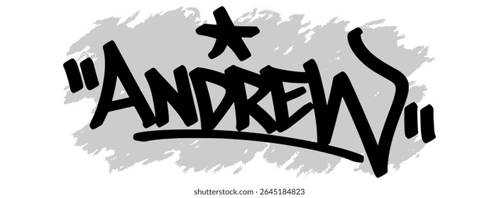 Grafite vetorial do nome "Andrew" em tinta preta com fundo cinzento espirrado em tela transparente. Estilo de arte de rua manuscrito com traços arrojados e expressivos.
