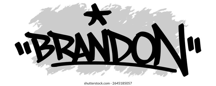 Vector graffiti tag of the name “Brandon” in black ink with gray splatter background on transparent canvas. Handwritten street art style with bold and expressive strokes.
