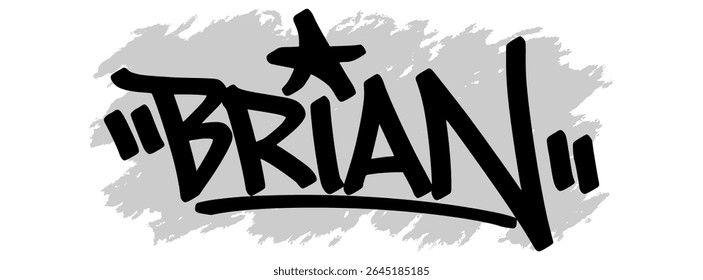 Vector graffiti tag of the name “Brian” in black ink with gray splatter background on transparent canvas. Handwritten street art style with bold and expressive strokes.
