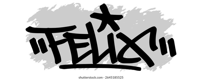 Graffiti vetor marca do nome "Felix" em tinta preta com fundo cinza splatter em tela transparente. Estilo de arte de rua manuscrito com traços arrojados e expressivos.
